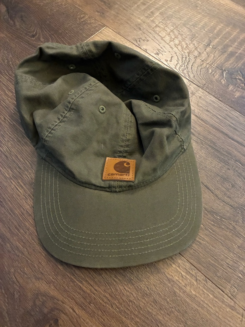 Carhartt Olive Green Canvas Low-Profile Hat with Leather Patch